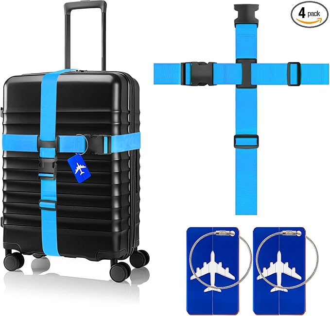 BILIONE Cross Luggage Straps and Luggage Tags Set, Cross Luggage Straps and 2 Tags Set, Heavy Duty Suitcase Belts Adjustable Travel Accessories for 20-32 Inch Luggage (Blue)