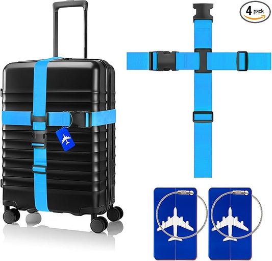 BILIONE Cross Luggage Straps and Luggage Tags Set, Cross Luggage Straps and 2 Tags Set, Heavy Duty Suitcase Belts Adjustable Travel Accessories for 20-32 Inch Luggage (Blue)