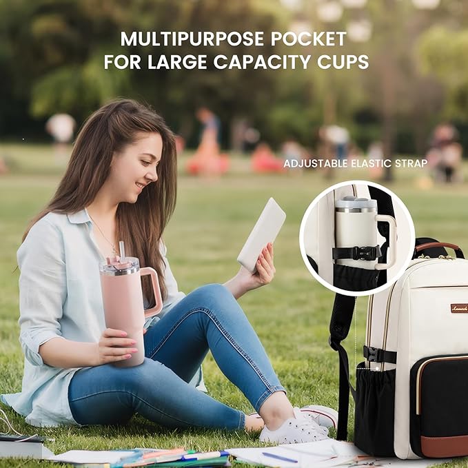 LOVEVOOK Laptop Backpack for Women with Pouch Pocket for Large Capacity Cup,17 Inch Laptop Computer Bag Travel Backpack Purse,Waterproof Work Business Backpack College Teacher Bags,Beige-Black-Brown