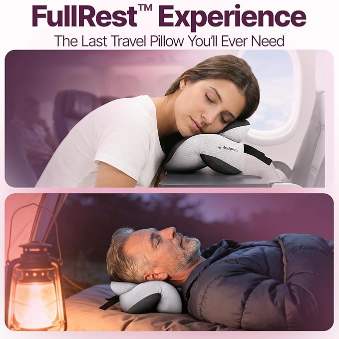 ComfyNap® Versatile Travel Neck Pillow for Airplane [Patented], 9 Positions in 3 Techniques, Plane Pillow with Pure Memory Foam, Travel Pillow with HeadRest Flight Sleep, Travel Essential - Moon