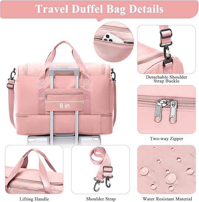 Extra Large Travel Duffle Bag,Carry-on Overnight Bag with Shoes Compartment,Weekender Bags for Women for Travel Business Trips Sport Hospital,3 Pcs Set,Pink