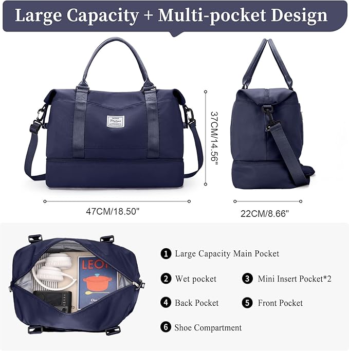 Weekender Bags for Women,Personal Item Travel Bag with Shoes Compartment,Overnight Travel Duffel Bag with Wet Pocket and Separate Toiletry Bag,Gym Bag