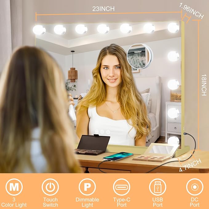 Moonee Vanity Mirror with Lights, Gold Hollywood Lighted Makeup Mirror with 15 Dimmable Bulbs and 10X Magnification, 3 Colors Modes, Aluminum Metal Frame, Light Up Mirror for Tabletop/Wall（23" x 18"）