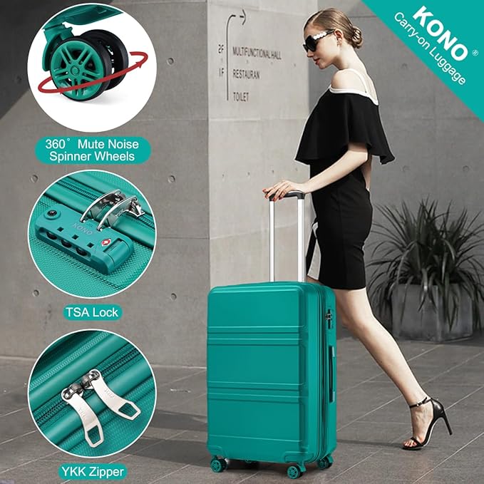 Kono 4 Piece Luggage Sets Expandable with Spinner Wheels TSA Lock Lightweight PC+ABS Hardside Travel Rolling Suitcases 20in 24in 28in Carry on and 12in Mini Cosmetic Case Turquoise