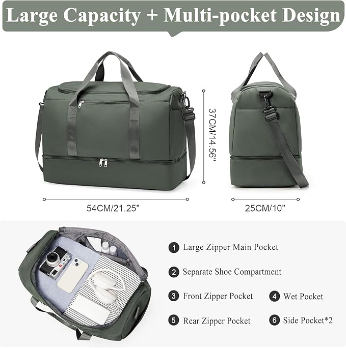 Extra Large Travel Duffle Bag,Carry on Overnight Weekend Bag with Shoes Compartment,Weekender Bags for Women for Travel Business Trips Sport Hospital,Dark Green