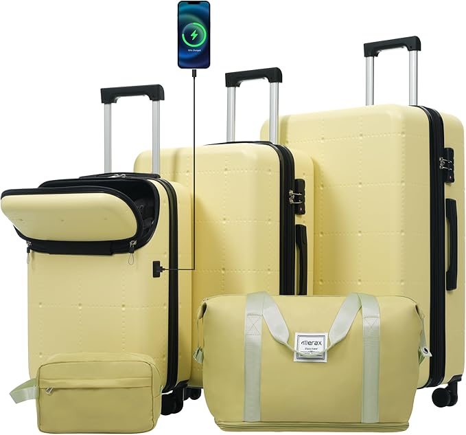 Merax Luggage Sets,5 Piece Front Half-open Hardshell Expandable Suitcase Set with Spinner Wheels and Duffel Bags,Lightweight Carry on Luggage with USB Port,20/24/28IN,Yellow-1