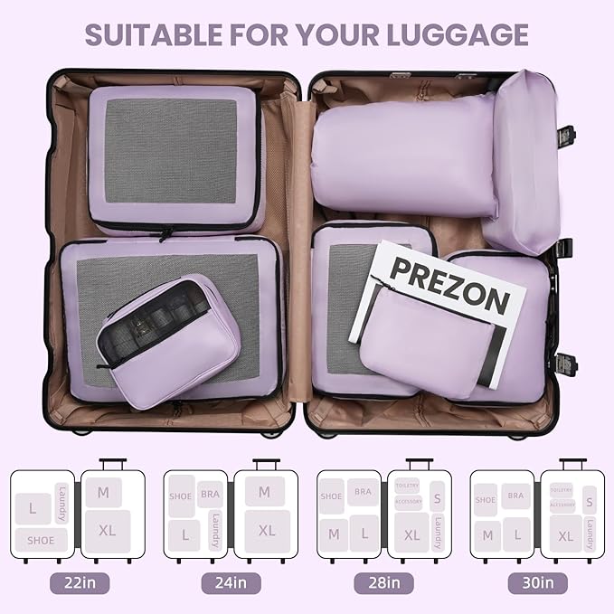 Mesh Packing Cubes for Travel, Durable Luggage Organizer with Sturdy Material and Double Zippers, Comprehensive Set for Travel Accessories Storage, 8 set, purple