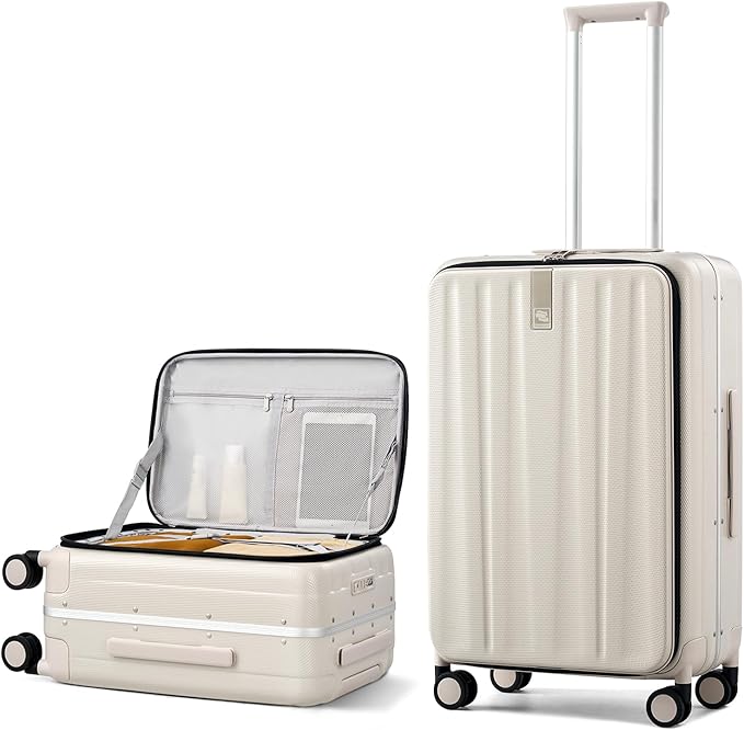 Hanke 24 Inch Checked Luggage PC Hard Case Luggage Top Opening Aluminum Frame Travel Luggage Suitcases with Wheels for Woman Men.(Ivory white)