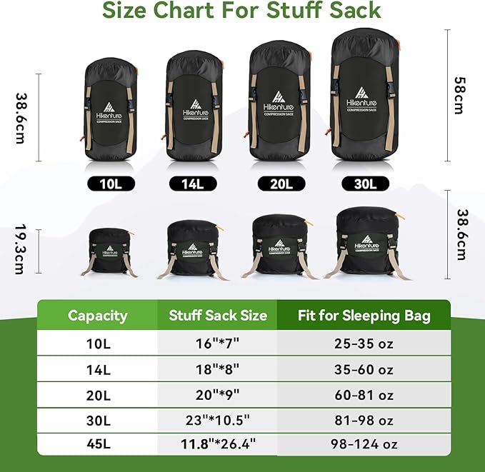 Hikenture Compression Sack for Sleeping Bag, Upgrade Anti-Tear Nylon Sleeping Bag Stuff Sack, 10L/14L/20L/30L Water-Resistant Compression Bag, Storage Bag