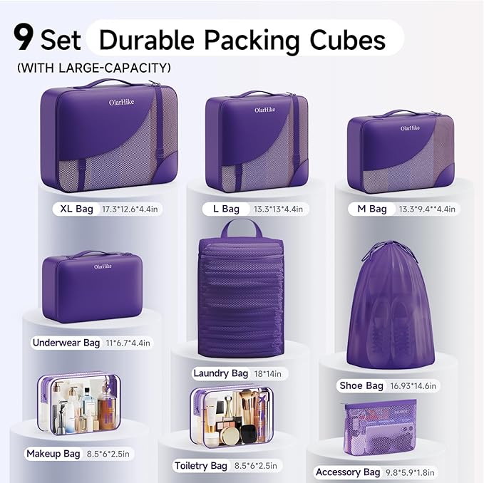 11 Set / 9 Set Packing Cubes for Travel,Gifts for Women Mom Kids,TSA Approved Bags for Makeup, Cosmetic, Toiletry, Organizers for Suitcase Carry On,Cruise Essentials Airplane Accessories,Purple