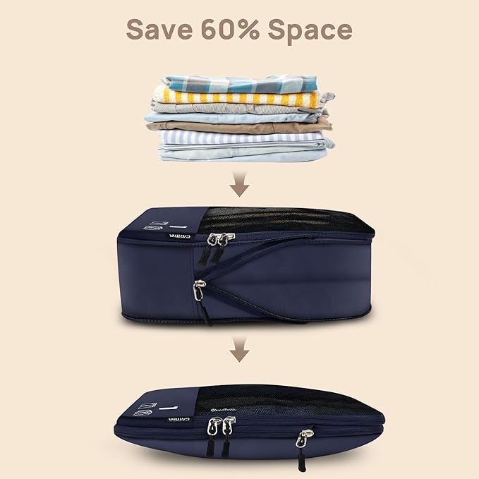 7 Set Compression Packing Cubes Travel Accessories Expandable Packing Organizers (Navy Blue)