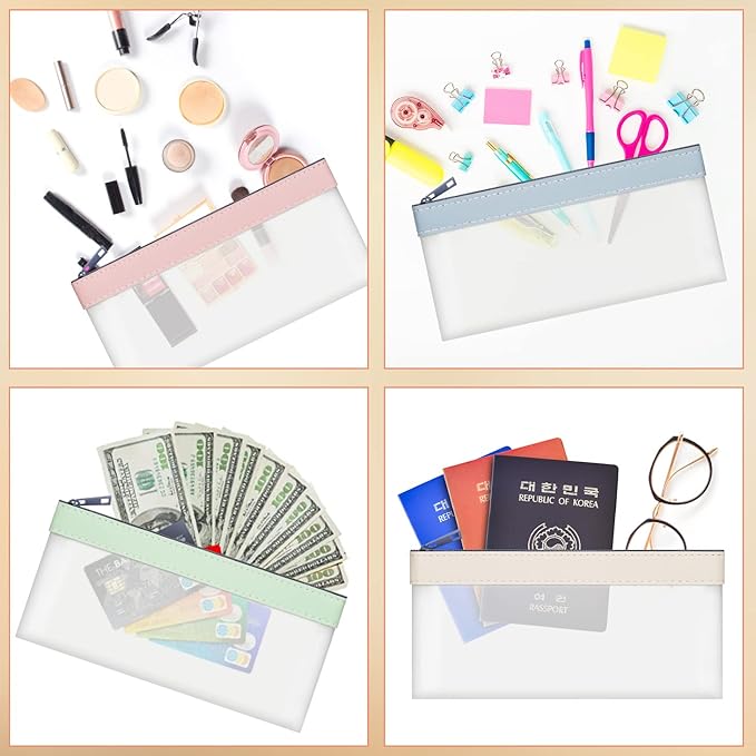 VOCHIC 4-Piece Multi-Purpose Money Bag - Money Bags with Zipper, Money Pouch Set 7.6 X 3.7 Inch, Clear Zipper Cash Envelopes, Bank Deposit Bags for Coins, Invoice, Makeup Bills Receipts Tool Storage