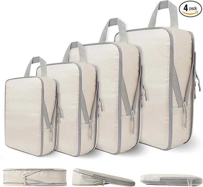 Compression Packing Cubes for Travel, 4 Set Expandable Packing Organizers, Lightweight Luggage Organizer Bags, Travel Essentials for Carry on, Handy Helper for Organizing Clothes, Off-White