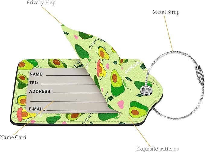 2 Pcs Luggage Tags for Suitcase, Cute Unique PU Leather Travel Bag Tag with Privacy Cover ID Label Address Card and Durable Metal Ring Suitable for Men Women Children Backpack,Avocado
