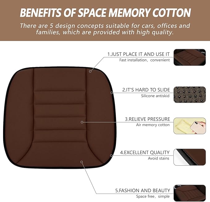 MYFAMIREA Car Seat Cushion Pad 1.2" Thick Comfort Protector for Car Driver Seat Office Chair Home Use Memory Foam Cushion with Non Slip Bottom, 20'' x 18.5'', Coffee