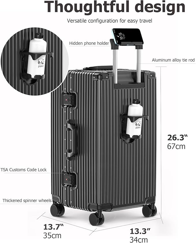 feilario 26in Super Large Captain Aluminum Frame Hardside Spinner Wheels Luggage, Zipperless Checked Suitcase with Cup Holder/Phone Holder (Jet Black,26in)