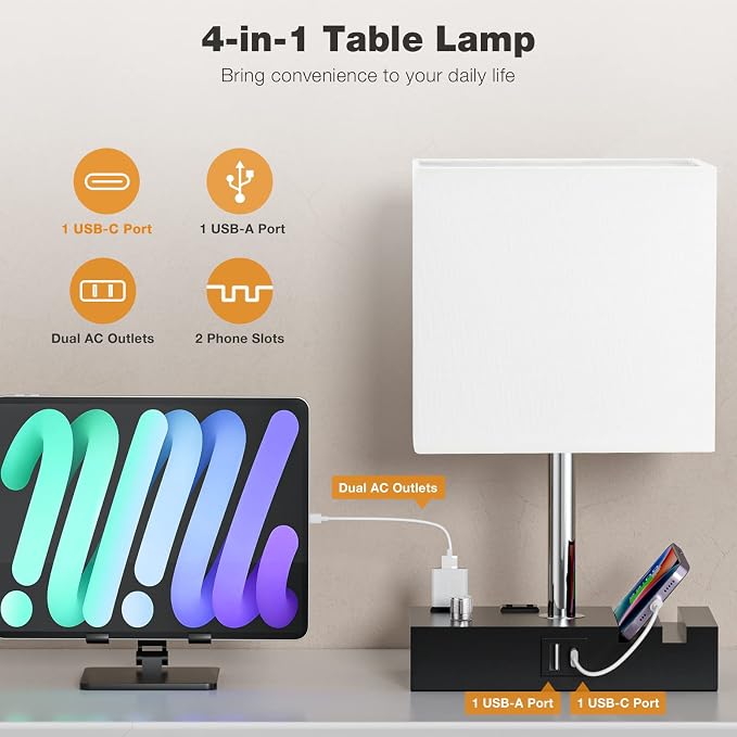 White Bedside Table Lamps Set of 2 - Dimmable, USB C+A, 2 AC Outlets | Dimming By Rotary Knob, USB C+A Ports, 2 Phone Stands, LED Bulbs Included, Rectangle White Lampshade, for Living Room, Desk