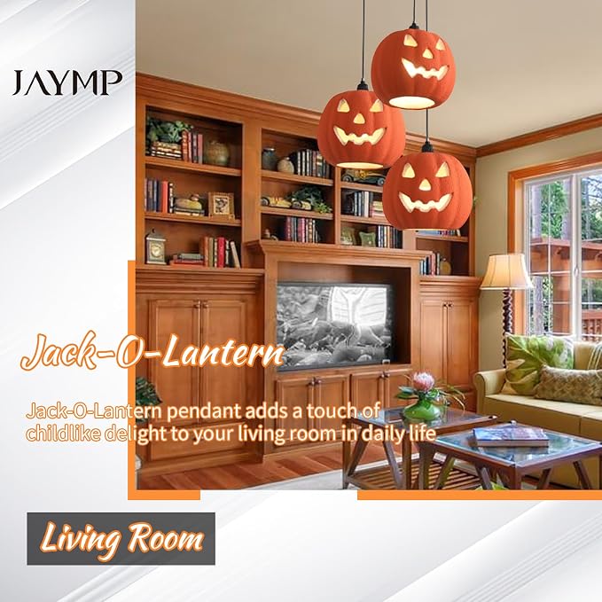 JAYMP Halloween Light Up Pumpkin Pendant Light, Jack O Lantern, Living Dining Room Hanging Lamp E26 Base Lighting Fixture (Orange, 12.6in Small Size)