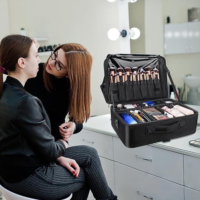 Relavel Extra Large Makeup Case, Makeup Artist Set Bag Professional Cosmetic Organizer Bag Storage Box with Makeup Brush Holder, Adjustable Dividers and Shoulder Strap, Black