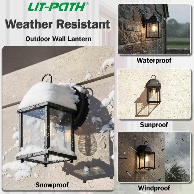 Outdoor Wall Light Fixture, Rustproof Aluminum, Clear Glass | Exterior Porch Light Wall Sconce Lantern for House, Patio, Garage, Waterproof, E26 Socket 60W Max, Black, 2 Pack