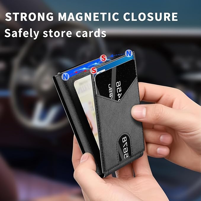Wallet for Men Aluminum RFID Blocking-Metal Smart Pop-Up Credit Card Holder with 2 ID Windows, Holds 8-10 Cards,Bifold Security Front Pocket Wallet & Money Clip,Men's accessories (Black)