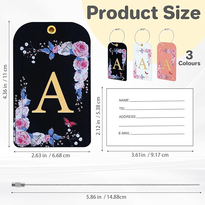 3 Pack Luxury Floral Luggage Tags, Durable PU Leather Suitcase Tags with Stainless Steel Cable Strap, Hidden ID Slot for Privacy Protection, Easy to Identify Waterproof Travel Accessories Gift (A)