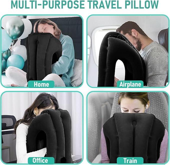 Inflatable Travel Pillow for Airplanes, Airplane Pillow for Long Flight Comfortably Supports, Used for Planes, Trains, Cars, Includes Storage Bag, Eye Mask & Earplugs (Black)