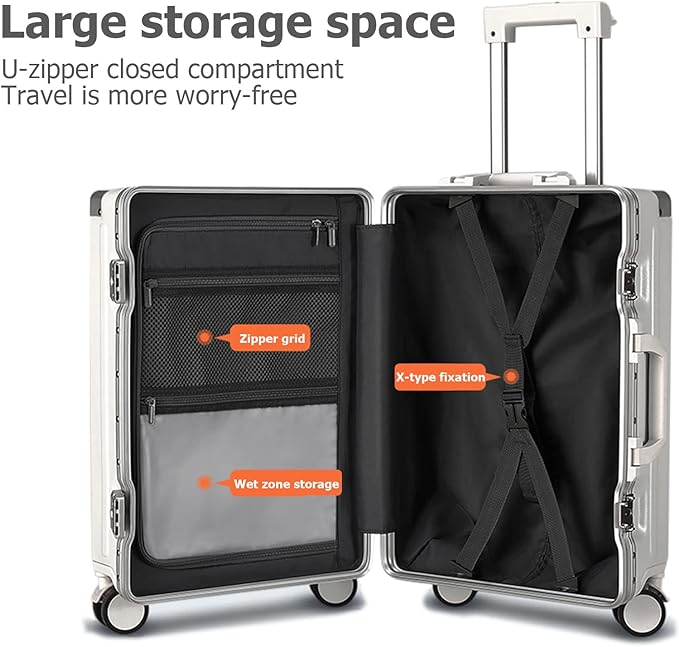 feilario Aluminium Frame PC Hard Shell Spinner Wheels Luggage,20.8"X15"X8.7 Airline Approved Built-In TSA lock Carry on Suitcase, with Cup Holder, USB Port, Phone Holder