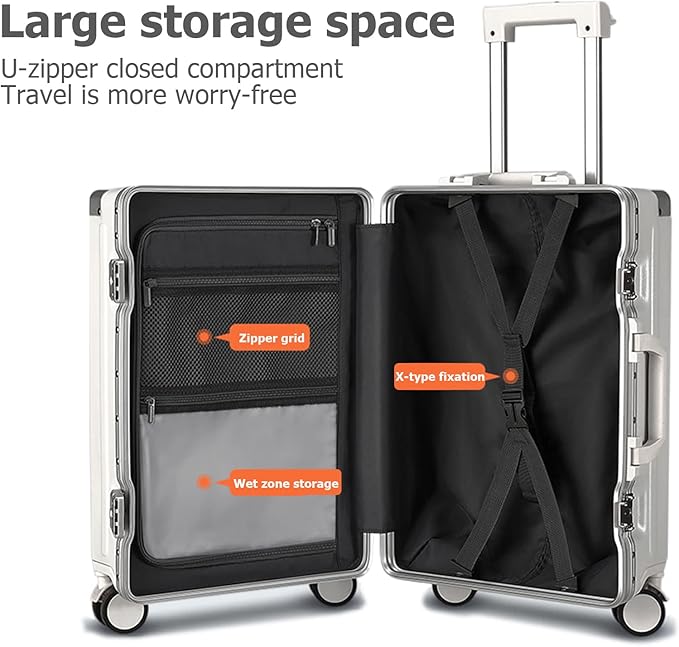 feilario Aluminium Frame PC Hard Shell Spinner Wheels Luggage,20.8"X15"X8.7 Airline Approved Built-In TSA lock Carry on Suitcase, with Cup Holder, USB Port, Phone Holder