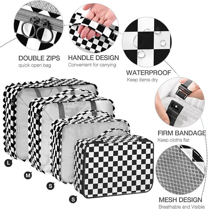 8 Set Packing Cubes for Suitcases,Packing Cube with Shoe, Cosmetics, Clothing, and Accessories Bags Packing Cubes for Travel Luggage Organizer Women Men(Black White Checkered)
