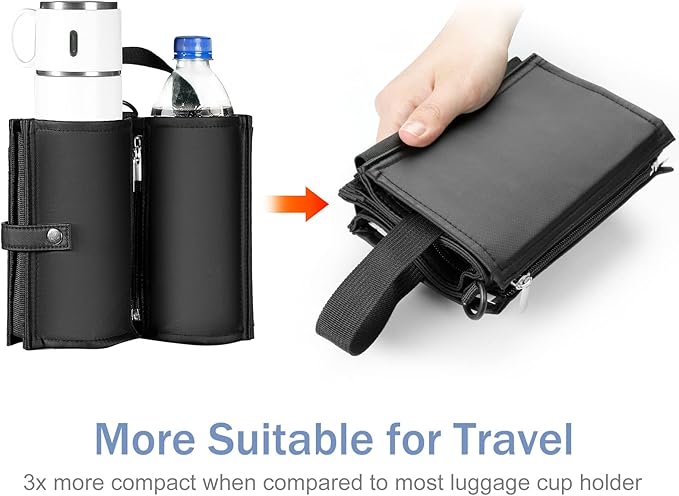 Luggage Cup Holder Travel Drink Bag for Suitcase Portable Foldable Luggage Drink Caddy with Handle, Fits Roll on Suitcase Handle, Gifts for Flight Attendants Creative Travel Accessories (Black)