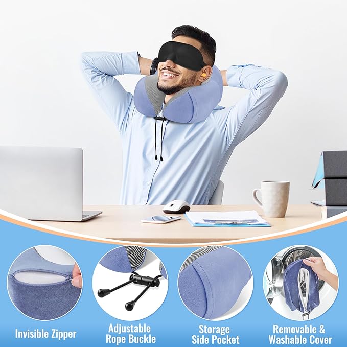 CloudBliss Travel Pillow Premium Memory Foam, Comfortable & Supportive Neck Pillow, Sleeping Neck Pillows for Travel, Airplane Pillow for Sleeping Airplane, Car, Office and Home（Blue）