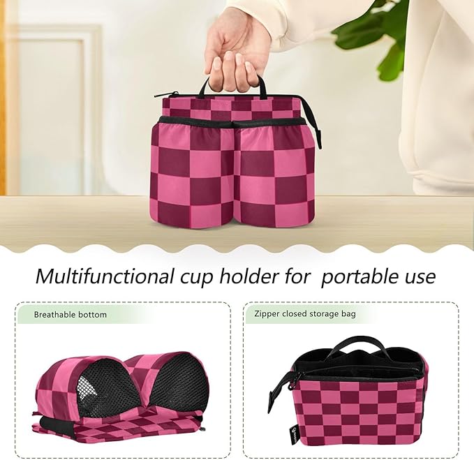 Checkered Hot Pink Luggage Cup Holder Travel Portable Free Hand Drink Carrier Suitcase Drinks Beverage Holder Carry-On Bottle Mug Holder Organizer Bag Travelers Accessories