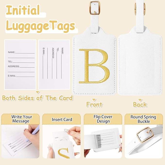 Initial Luggage Tags for Suitcases, Cute Embroidered Letter Luggage Bag Suitcase Identifier Name Baggage Tag, PU Leather Travel Luggage Tags, Bag Tags for Men Women Kids Luggage Handbags(White B)