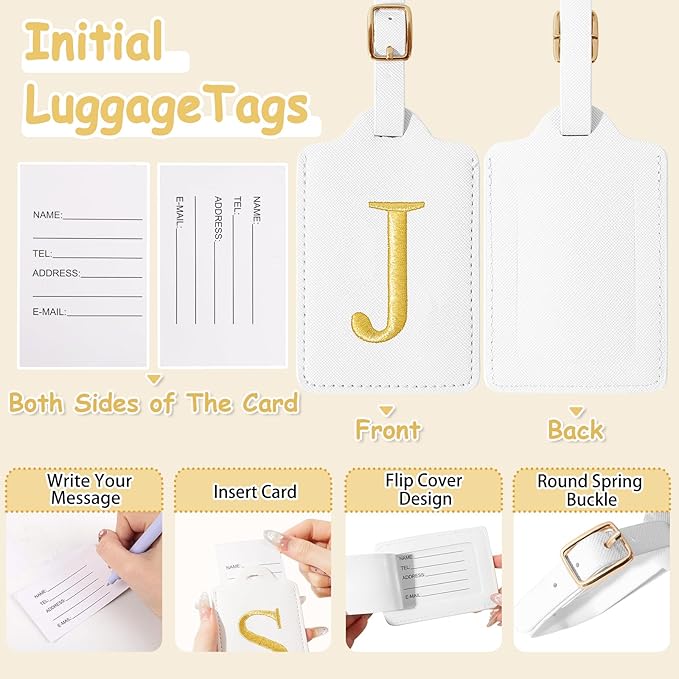 Personalized Initial Luggage Tags for Suitcases, Cute PU Leather Embroidered Letter Travel Luggage Tags, Suitcase Identifier Name Baggage Tag, Bag Tags for Men Women Kids Luggage Handbags(White J)