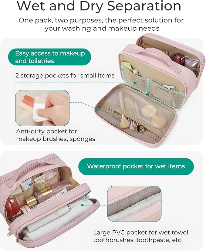 BAGSMART Toiletry Bag for Women, Wide-open Makeup Bag Organizer for Travel Essentials Travel-size, Water-resistant Large Capacity Cosmetic Bag for Accessories, Shampoo, Toiletries with Handle, Black