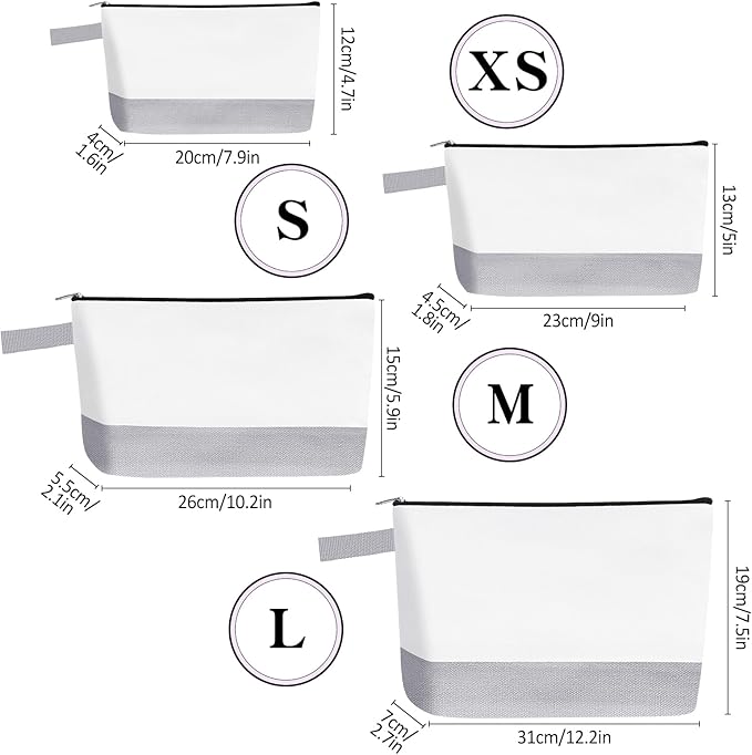10 Pieces Cotton Canvas Makeup Bag with Bottom and Strap, Multi-Purpose Cosmetic Bag with Zipper Travel Toiletry Pouch, Blank DIY Craft Bag (White&Grey, XS)