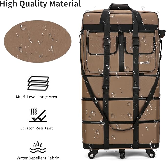 130L Expandable Luggage, 40 Inch Suitcase with Wheels, Collapsible Luggage with Wheels, Rolling Duffle Bag with wheels, Foldable Suitcasewith2Handle Wrap 2Fixing Straps 1Shoulder Strap (khaki)