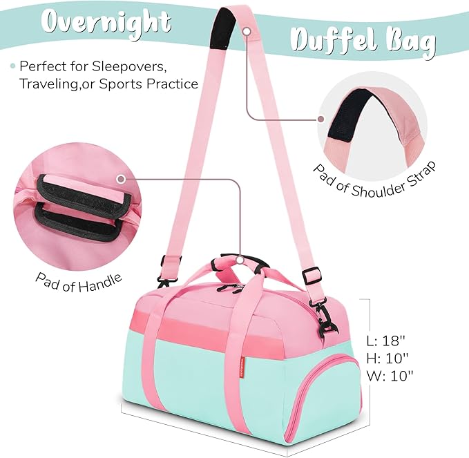WOOMADA Kids Duffle Bag for Boys or Girls, Kids Overnight Bag with Shoe Compartment＆Wet Pocket, Ideal for School Practice, Sports, Travel(pink green)