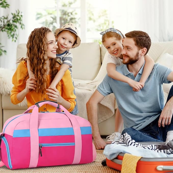 WOOMADA Kids Duffle Bag for Boys or Girls, Kids Overnight Bag with Shoe Compartment＆Wet Pocket, Ideal for School Practice, Sports, Travel(pink&hot pink)