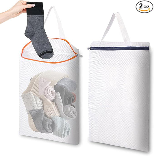 2 Pack Hanging Mesh Laundry Bag Set, 12x16 Inch Mesh Hamper with Metal Hooks for Closet Door & Wall - Space Saving Storage for Clothes, Delicates, Toys