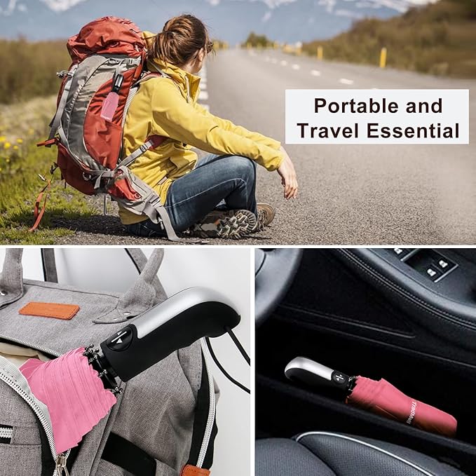 TradMall Travel Umbrella Windproof with 56 Inches Large Canopy 10 Reinforced Fiberglass Ribs Ergonomic Handle Auto Open & Close, Pink