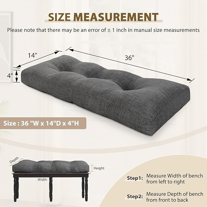downluxe Indoor Bench Cushion for Indoor Furniture, Non-Slip Tufted Overstuffed Textured Foam Bench Seat Cushion, 36" X 14" X 4", Dark Grey, 1 Pack