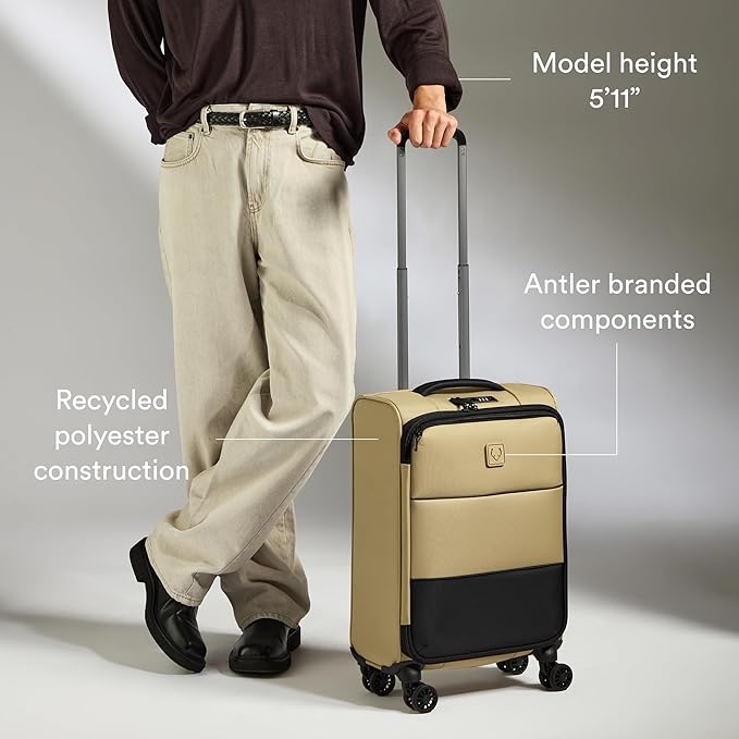 ANTLER - Soft Stripe Carry On Luggage 22x14x9 Airline Approved - Cabin Suitcase with Expander, Adjustable Handle, 4 Spinner Wheels, Lightweight, TSA Lock - Recycled Polyester Luggage - Sand Yellow