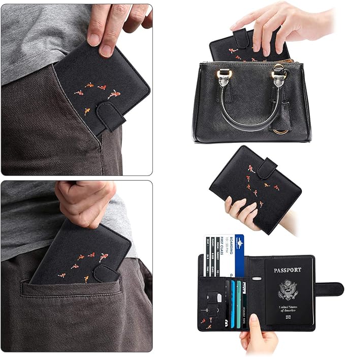 WALNEW Passport Holder for Travel, RFID Passport Cover Wallet for Women Men, PU Leather Passport Book Card Holder Case with Pen (Buckle Closure, Buckle-Carp)