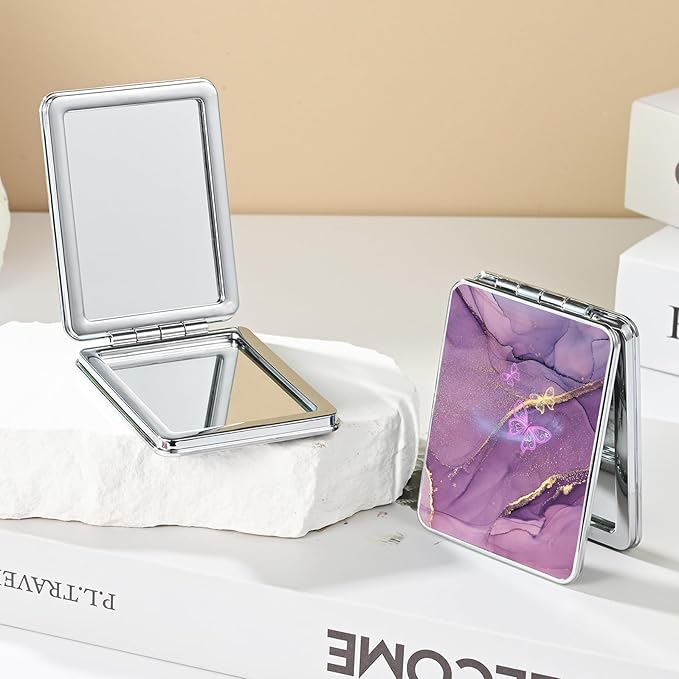 Pocket Mirror, Small Travel Mirror with Magnification, Portable Double-Sided Magnifying Cosmetic Mirror for Daily (Pink + Purple Marble)