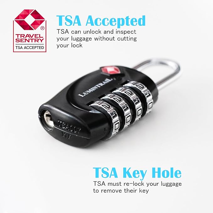Lumintrail TSA Approved Locks, 4 Digit Combination Luggage Locks TSA Approved, Travel Locks for Luggage & Suitcase with 4-FT Steel Cable, Black, 6 Pack