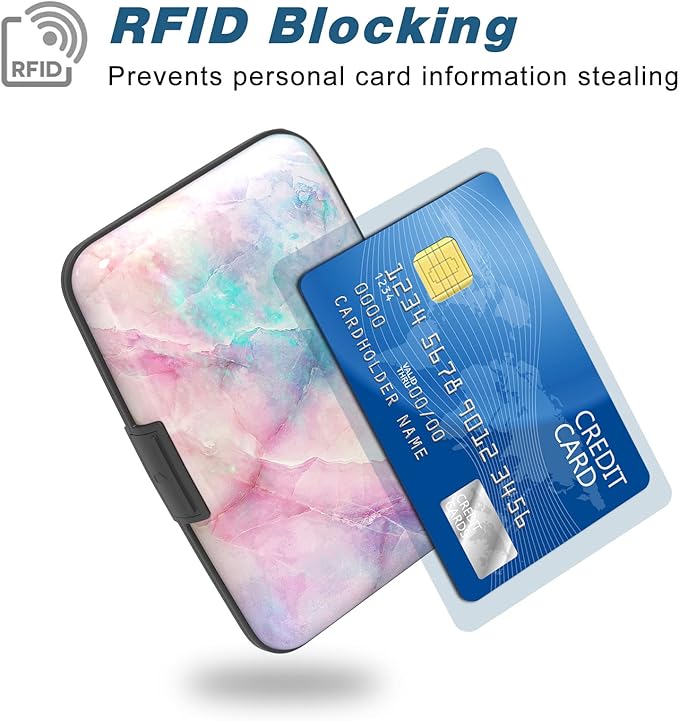 Credit Card Holder, Mini Aluminum Card Wallet RFID Blocking Slim Metal Hard Card Case for Women Men, Colorful Marble