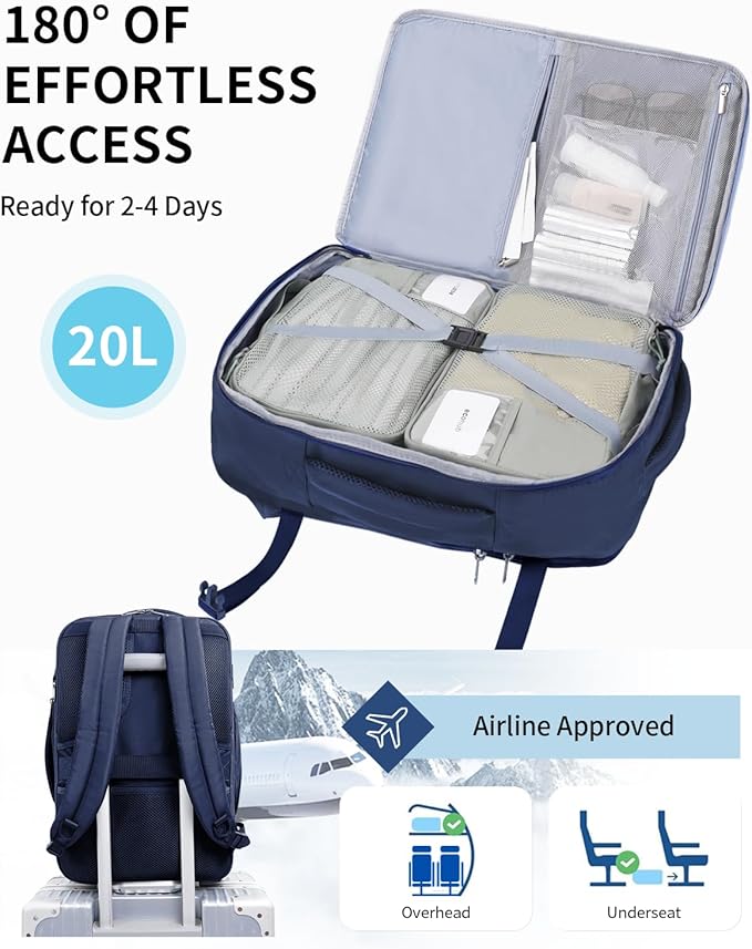 ECOHUB 17" Small Unisex Travel Backpack United Airlines Approved 17x10x9 Friendly Suitcase Anti-Theft Lockable Zippers Style Personal Item Bag Travel Essentials with 12 Pockets Water Resistant, Blue