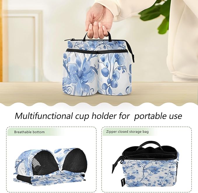 Watercolor Flower Blue and White Luggage Cup Holder Travel Portable Free Hand Drink Carrier Suitcase Drinks Beverage Holder Carry-On Bottle Mug Holder Organizer Bag Travelers Accessories